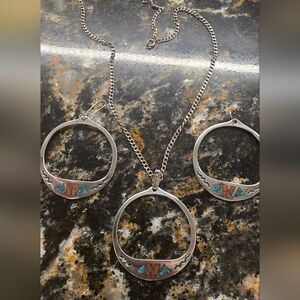 Southwestern Sterling Silver Turquoise And Coral Earrings And Necklace Set